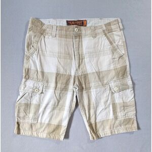 WearFirst Cargo Shorts Mens‎ 38 (tag 36) White Beige Plaid 13" Inseam Cotton